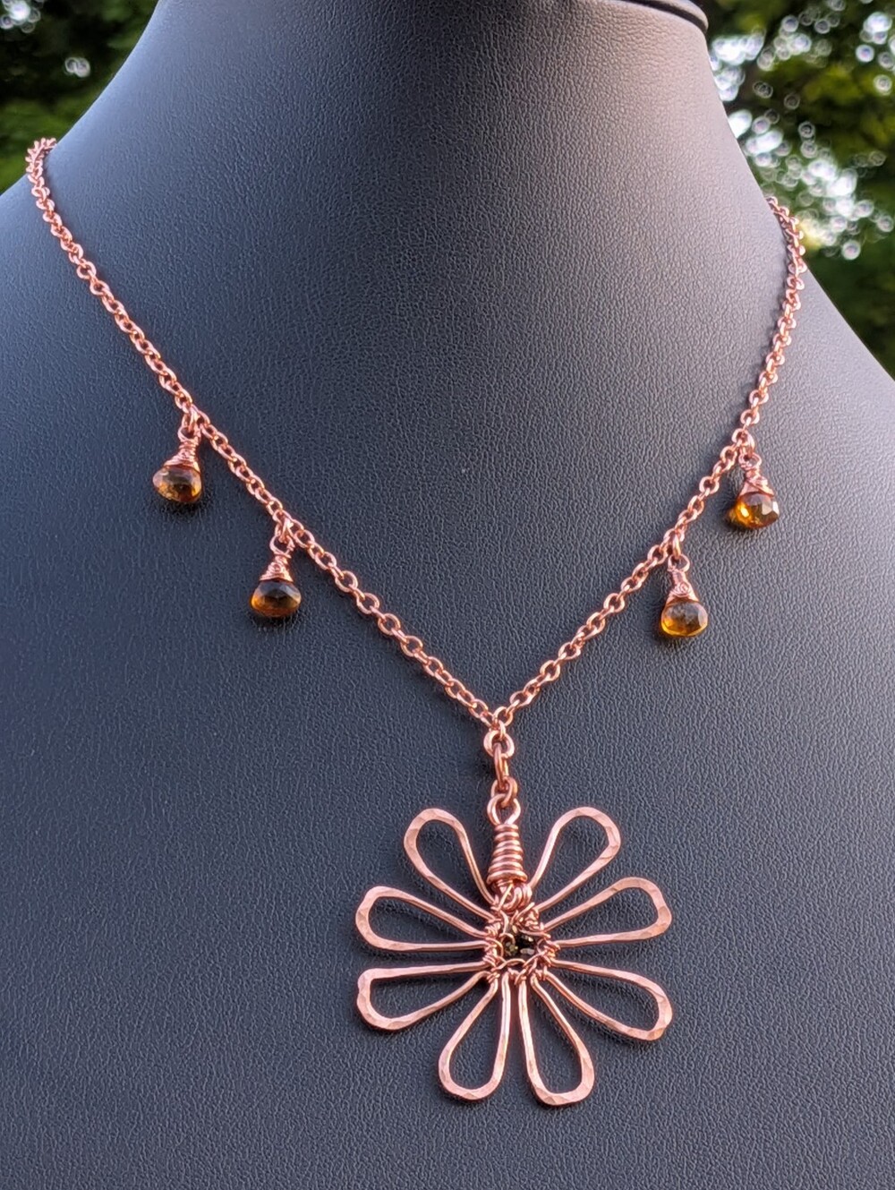 Adjustable Copper Flower Necklace Rare Cognac Quartz Gemstone Drops - Picture 11 of 16
